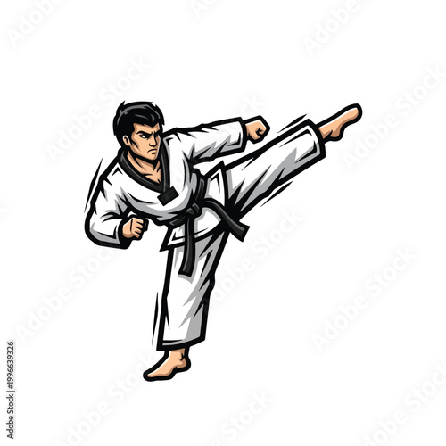 Dynamic illustration of a male martial artist performing a powerful side kick in a white dobok, conveying athletic action and competitive spirit against a clean background