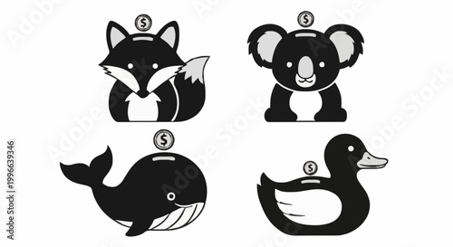Animal Icons Featuring Fox, Koala, Whale, Duck in Quadrants with Numbers
