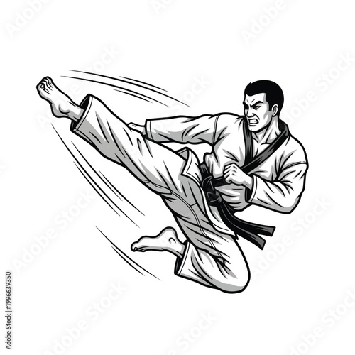 Dynamic black and white illustration captures a determined martial artist executing a powerful flying side kick in a traditional karate uniform, conveying intense combat action and athletic