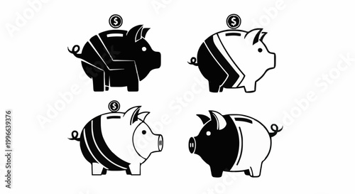 Piggy banks collection facing left and right in black and white orientations