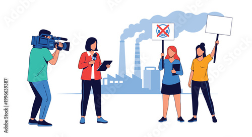 News reporter and cameraman film a live report near a factory while protesters hold signs advocating for environmental protection and change.