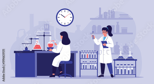 Professional scientists in white coats conduct experiments and research in a modern laboratory filled with chemical equipment.