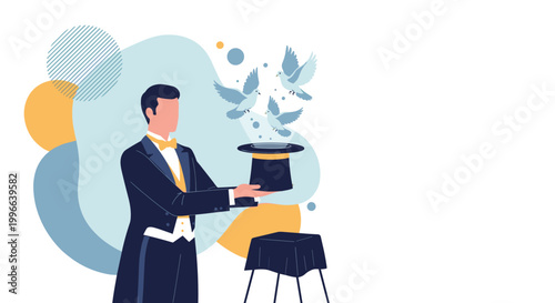 Professional magician in tuxedo pulling white doves out of black top hat on stage with colorful abstract shapes in background.