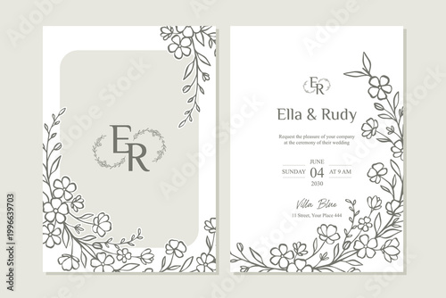 Foto Elegant floral wedding invitation template with minimalist botanical line art