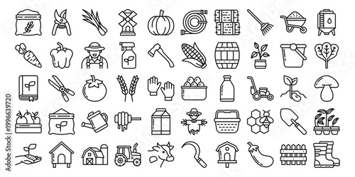 agriculture icon set featuring farming tools, vegetables, plants, farmer equipment, and rural elements in clean outline vector style.