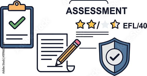 Assessment clipboard and document icons represent the formal evaluation process for professional standards and quality control measures in a corporate environment.