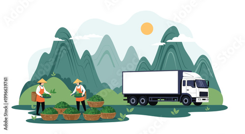 Farmers harvesting green tea leaves in mountain plantation with delivery truck waiting nearby in agriculture industry scene.