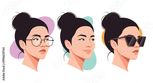 Three portraits of beautiful woman wearing different styles of glasses and sunglasses with colorful abstract backgrounds set.