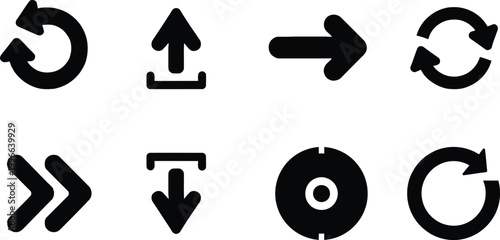 Arrow icons set, navigation and sync arrows, upload download and refresh symbols for UI and app design,