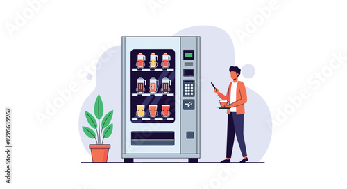 Young man using smartphone to pay for hot drink at coffee vending machine in office or public place with green indoor plant.