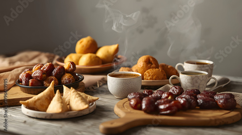Assorted Traditional Snacks and Coffee on Rustic Table