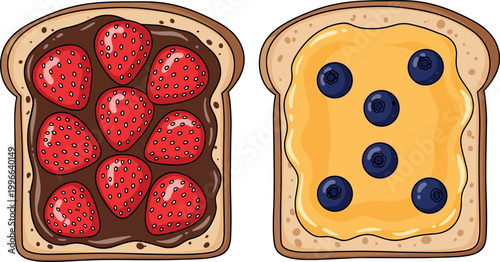 Delicious Cartoon Toast Topped with Fresh Strawberries and Blueberries on White Background