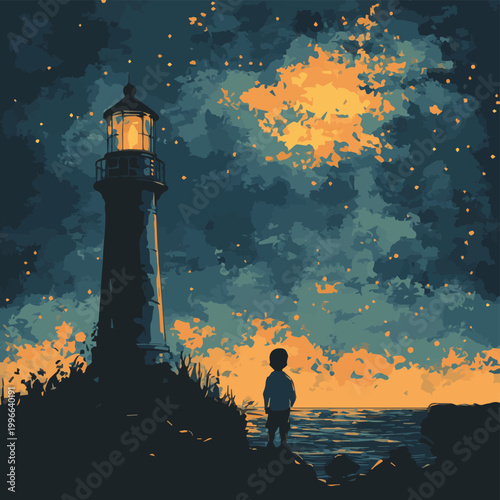 A serene view of a lighthouse under a starry sky, illuminating the path with a calming glow by the seaside.
