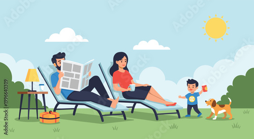 Family relaxing in backyard with parents on sun loungers reading newspaper and child playing with dog on sunny afternoon.