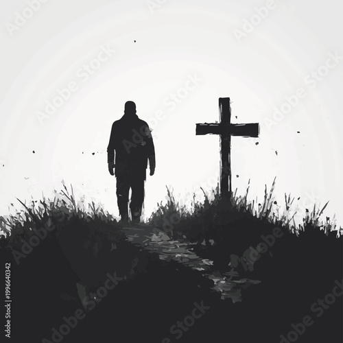 A somber silhouette of a person walking towards a cross in a desolate landscape, evoking themes of reflection and faith.
