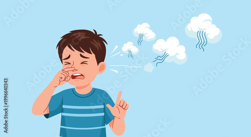 Young boy suffering from flu and sneezing with cloud icons representing cold symptoms in simple cartoon character style.