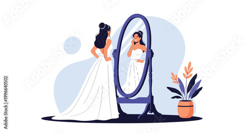 Beautiful bride in white wedding gown looking at her reflection in large oval floor mirror while getting ready for ceremony.