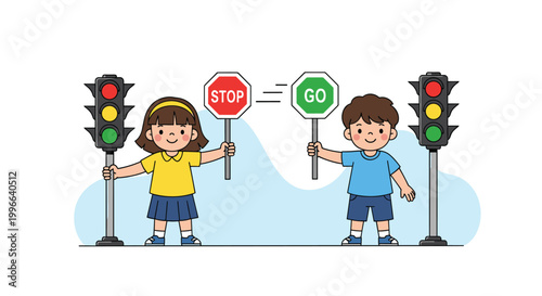 Young children holding stop and go traffic signs with street lights for kids road safety education concept illustration.