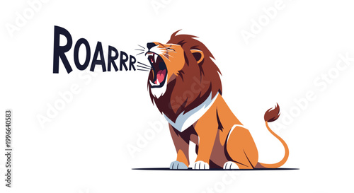 Powerful male lion sitting and roaring loudly with its mouth open wide in simple flat illustration on white background.