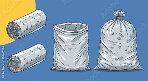 Set of plastic garbage bags including rolls and filled sacks in various sizes on blue and yellow colored background.