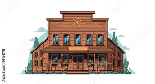 Classic old western wooden building with sheriff star sign and porch in vintage frontier town architectural illustration.
