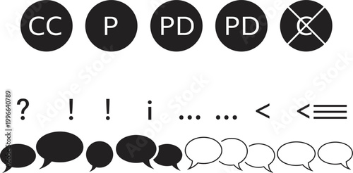 Creative commons and communication icons set including speech bubbles punctuation symbols and licensing marks minimal vector collection