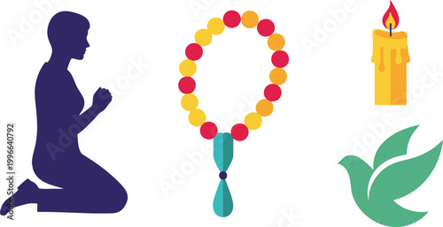 Person kneeling in prayer beside a rosary, a candle, and a dove conveys a message of quiet reflection and spiritual devotion.