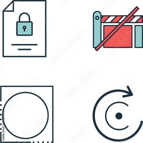 Security icons and digital symbols illustrate the concepts of data protection, restricted access, and cyclical processes in technology.