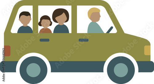 Family road trip in green car flat vector illustration
