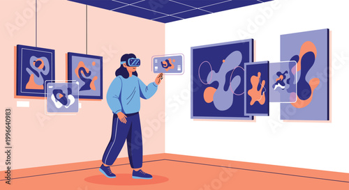 Woman wearing virtual reality goggles exploring digital art gallery with floating abstract paintings and interactive screens.