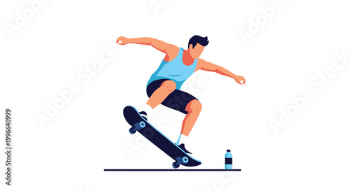 Young man performing skateboard trick jumping in air with his board on white background with water bottle on ground.