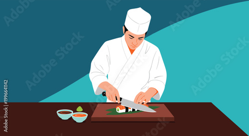 Professional Japanese chef in white uniform carefully slicing fresh sushi rolls with a sharp knife on a wooden board.