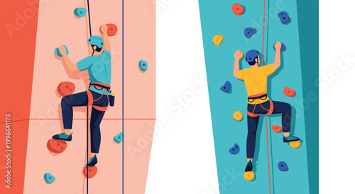 Two active men practicing indoor rock climbing on colorful walls with safety harnesses and ropes in a modern sports gym.