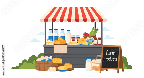 Local farmers market stall with a striped awning displaying fresh dairy products such as milk bottles, cheese, and butter.