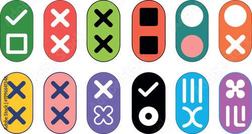 Colorful oval shaped buttons with various symbols and icons on white background