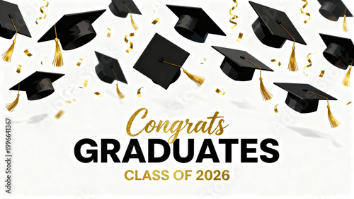 A joyful digital illustration celebrating academic achievement with falling graduation caps and golden confetti, perfect for commemorating a significant milestone