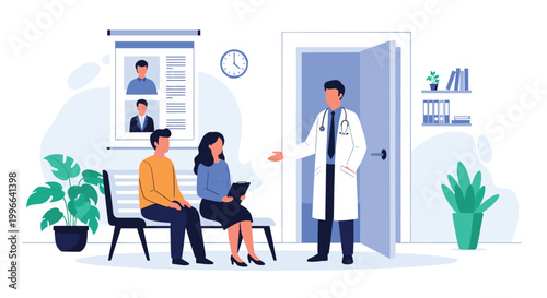 Male doctor in a white coat standing in a medical office and welcoming a young couple sitting on a waiting room bench.