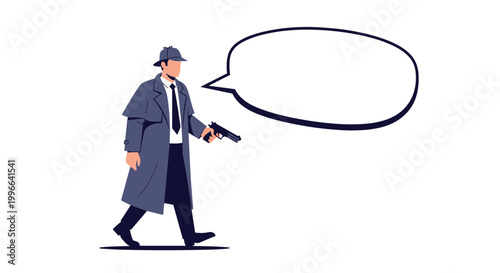 Silhouette illustration of a mysterious detective in a trench coat and hat holding a pistol next to a large speech bubble.