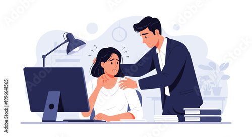 Concerned male manager in a suit comforting a stressed female coworker sitting at her computer desk in a modern workplace.