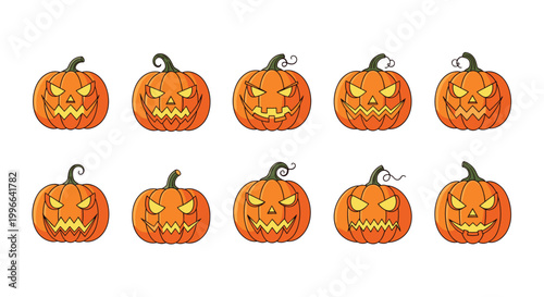 Collection of ten carved Halloween jack-o-lanterns with various spooky and scary expressions arranged on a white background.
