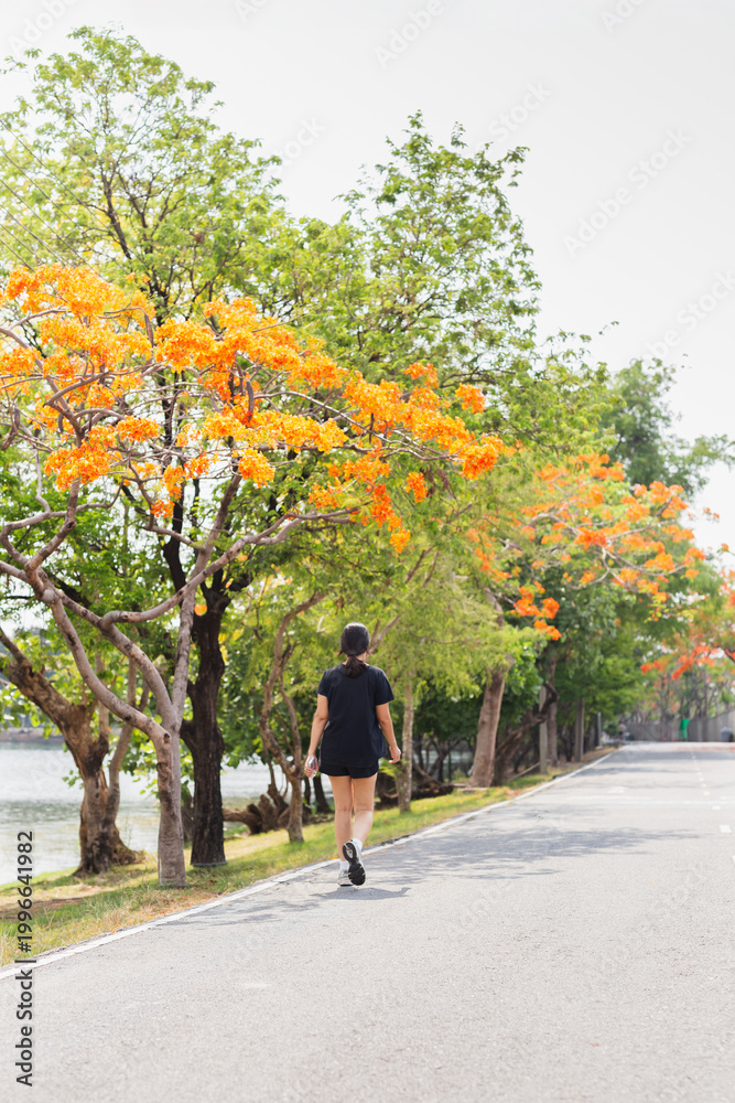 Obraz premium Woman exercise takes a peaceful walk in a park.