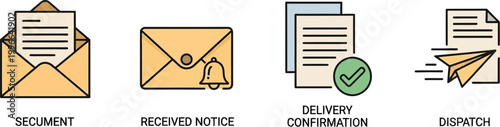 Mail icons illustrating document handling, received notices, delivery confirmation, and dispatch processes highlight efficient office workflow management.