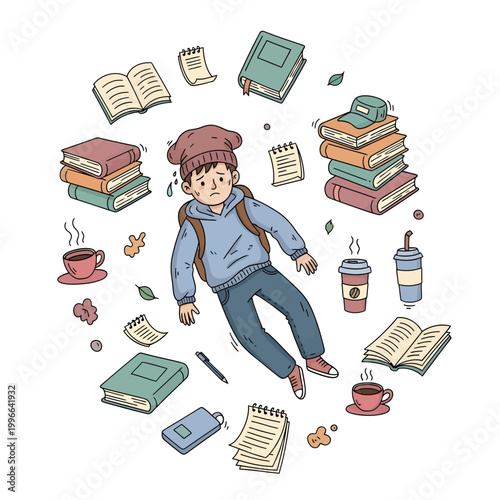 Overwhelmed student struggling with excessive studies and coursework during Halloween season