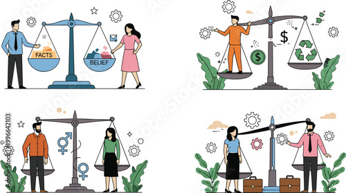Balance scale concept illustrations showing facts versus beliefs, gender equality, environmental sustainability and work life balance vector set