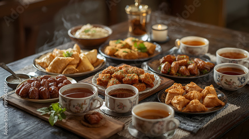 Assorted Traditional Snacks and Coffee on Rustic Table