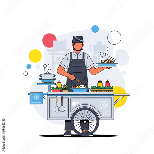 Street food vendor with cart serving delicious meals, vector illustration, vibrant colors
