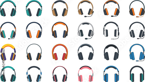 Colorful headphones collection with modern audio headset designs, music listening devices and gaming headsets vector illustration set