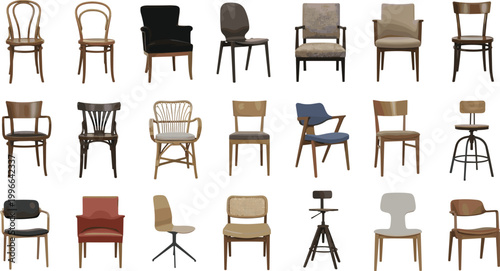 Classic and modern chair furniture collection with wooden dining chairs, armchairs and stools vector illustration set