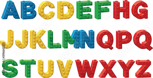 Fun Cartoon 3D Block Letters ABC Set in Red Yellow Green Blue Colors