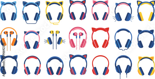 Cute cat ear headphones collection with colorful gaming headset designs and earbud audio devices cartoon vector illustration set